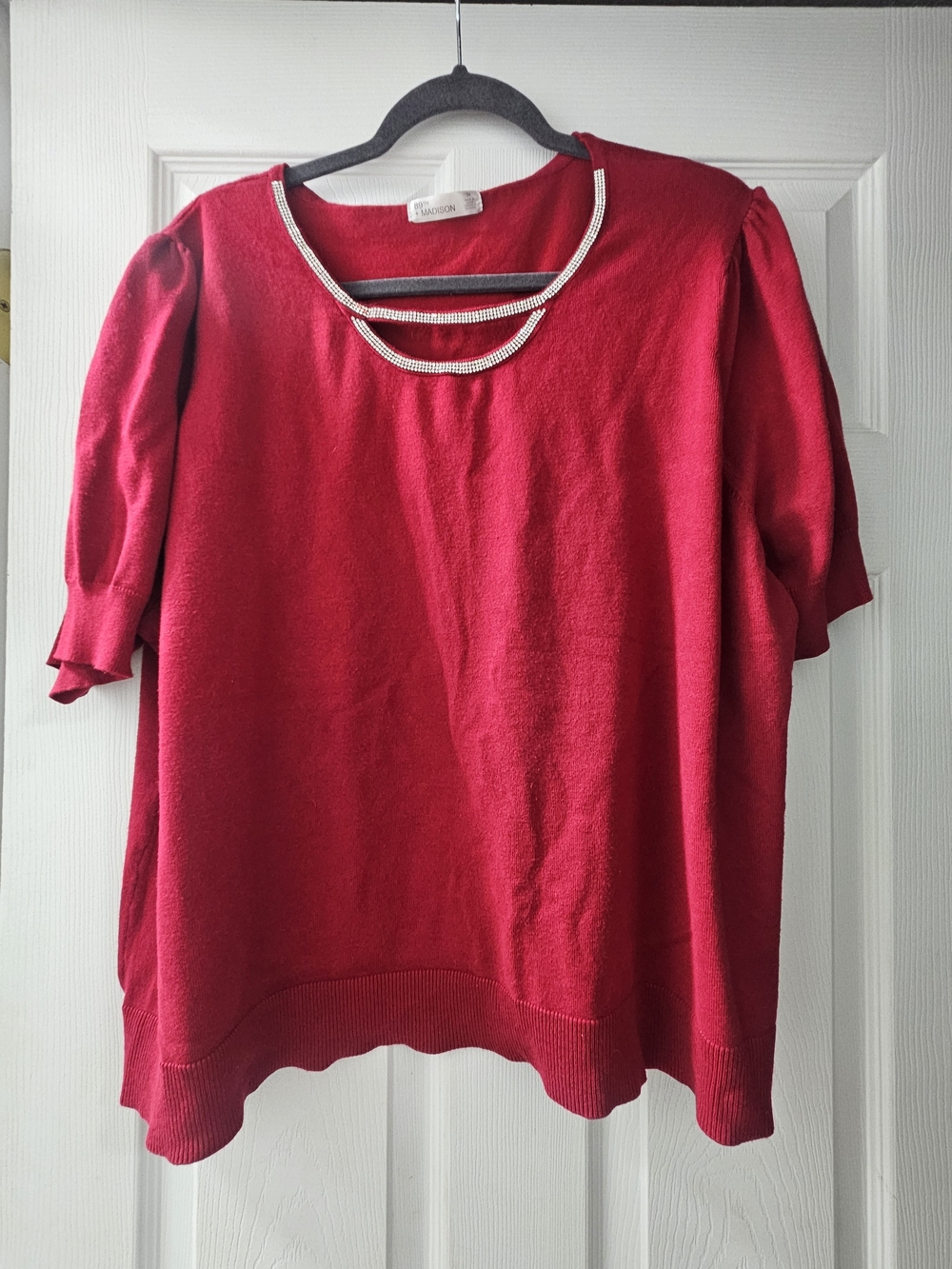 89th + Madison Red Short Sleeve Sweater with Jeweled Neckline Size 3x